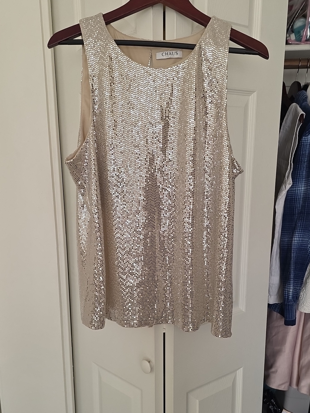 Chaus Metallic Sequin Tank Top - Beige/Silver